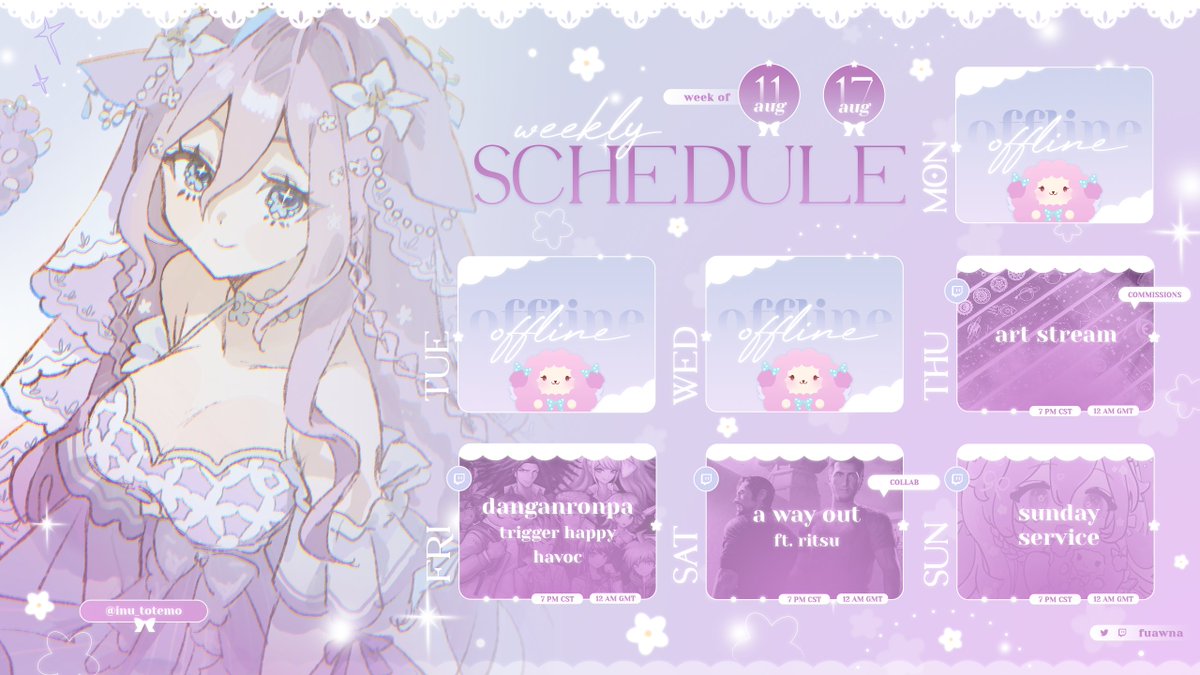 +｡✦ 𝒔𝒄𝒉𝒆𝒅𝒖𝒍𝒆 · 𝒂𝒖𝒈𝒖𝒔𝒕 11𝒕𝒉 - 17𝒕𝒉 ✦｡+

avete..! our long awaited collab with our beloved @ritsu_amemiya is this week..! gonna test out a way out..! hope to see you there..! 🥰

🍡 𝒕𝒘𝒊𝒕𝒄𝒉 · twitch.tv/fuawna
🌸 𝒗𝒈𝒆𝒏 · vgen.co/fuawna