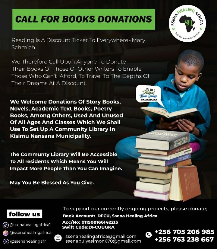 Let your works be enjoyed by the under previlaged who can not afford them. <a href="/ssenahealingafr/">Ssena Healing Africa Official</a> calls upon authors and people of good will who can donate their un used academic books to the Organisation. @dorothy_kyeyue <a href="/CharityByarugab/">Charity M Byarugaba</a> @pillarsinthepalace <a href="/jjkariisa/">Julie Kariisa</a> <a href="/RotaryKibuli/">Rotary Club of Kampala Kibuli</a>