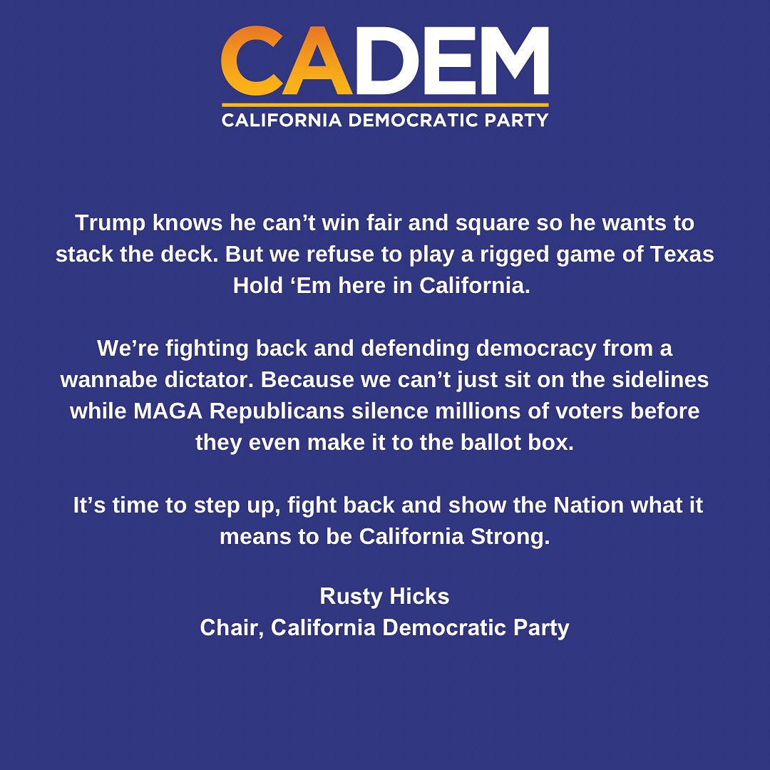 It’s time to stand up, fight back and show the Nation what it means to be California Strong. 

#ElectionRiggingResponseAct
#Redistricting