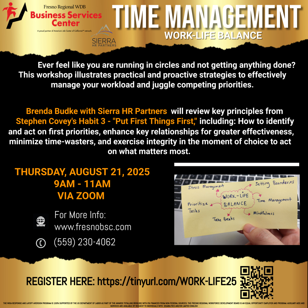 🕒 Take control of your time!
Join our Work-Life Balance workshop to learn how to prioritize, focus, and achieve more with less stress.

📅 Aug 21, 2025 | 9–11 AM | 💻 Zoom
🔗 tinyurl.com/WORK-LIFE25

#WorkSmarter #TimeManagement #LifeBalance