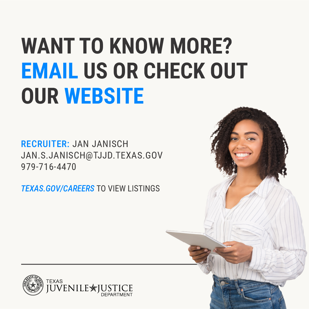 Are you a mental health professional passionate about #MakingADifference? Then TJJD has an opportunity for you!

Visit tjjd.texas.gov/careers/ or contact our recruiter to learn more.