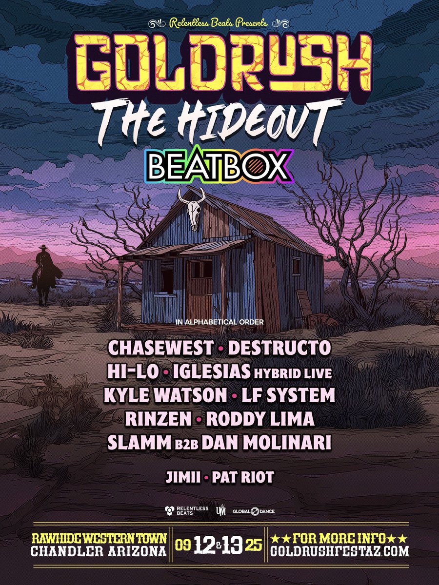 Tucked away in the heart of the desert, the Goldrush Hideout presented by <a href="/BeatboxBevs/">BeatBox🧃</a> is pouring up smooth sips and underground sounds 🪩🌵 Lose yourself in the pulse of the dancefloor where house grooves reign supreme

2-day GA tix are 95% sold out → goldrushfestaz.com 🎟️