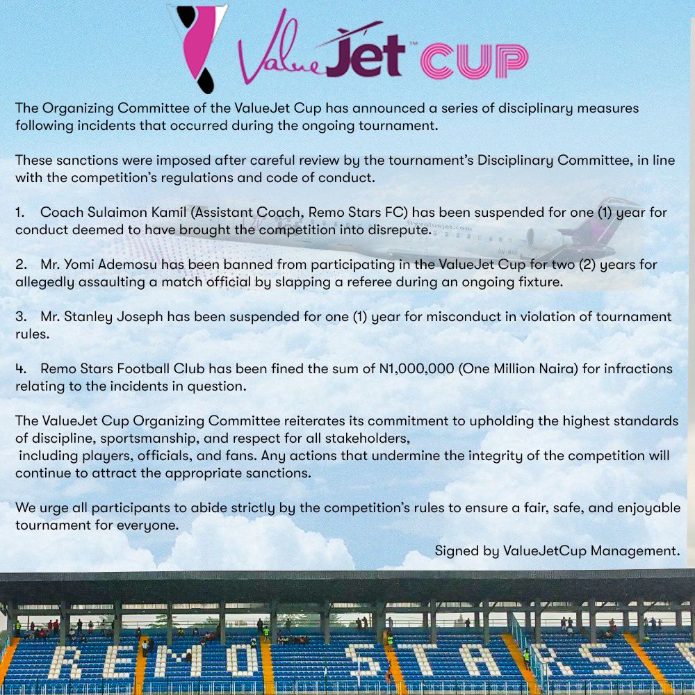 🚨ANNOUNCEMENT🚨

SANCTION 

#ValuejetCup25