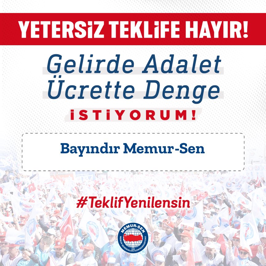 Yarın teklif gelmeli, memurun yüzü gülmeli!

Yetersiz teklife hayır diyor, gelirde adalet ücrette denge istiyoruz!

#TeklifYenilensin