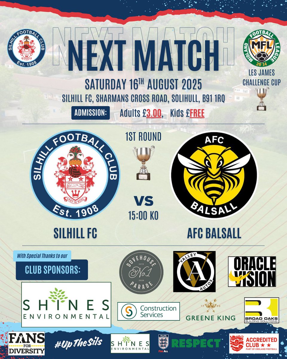 Silhill FC vs AFC Balsall
Les James Challenge Cup - 1st Round
Saturday 16th August 2025
3.00pm KO

We welcome AFC Balsall to SXR in the 1st round of the Les James Challenge Cup with the prospect of a competitive match between sides sitting 4th &amp; 5th place Division 3

#UpTheSils