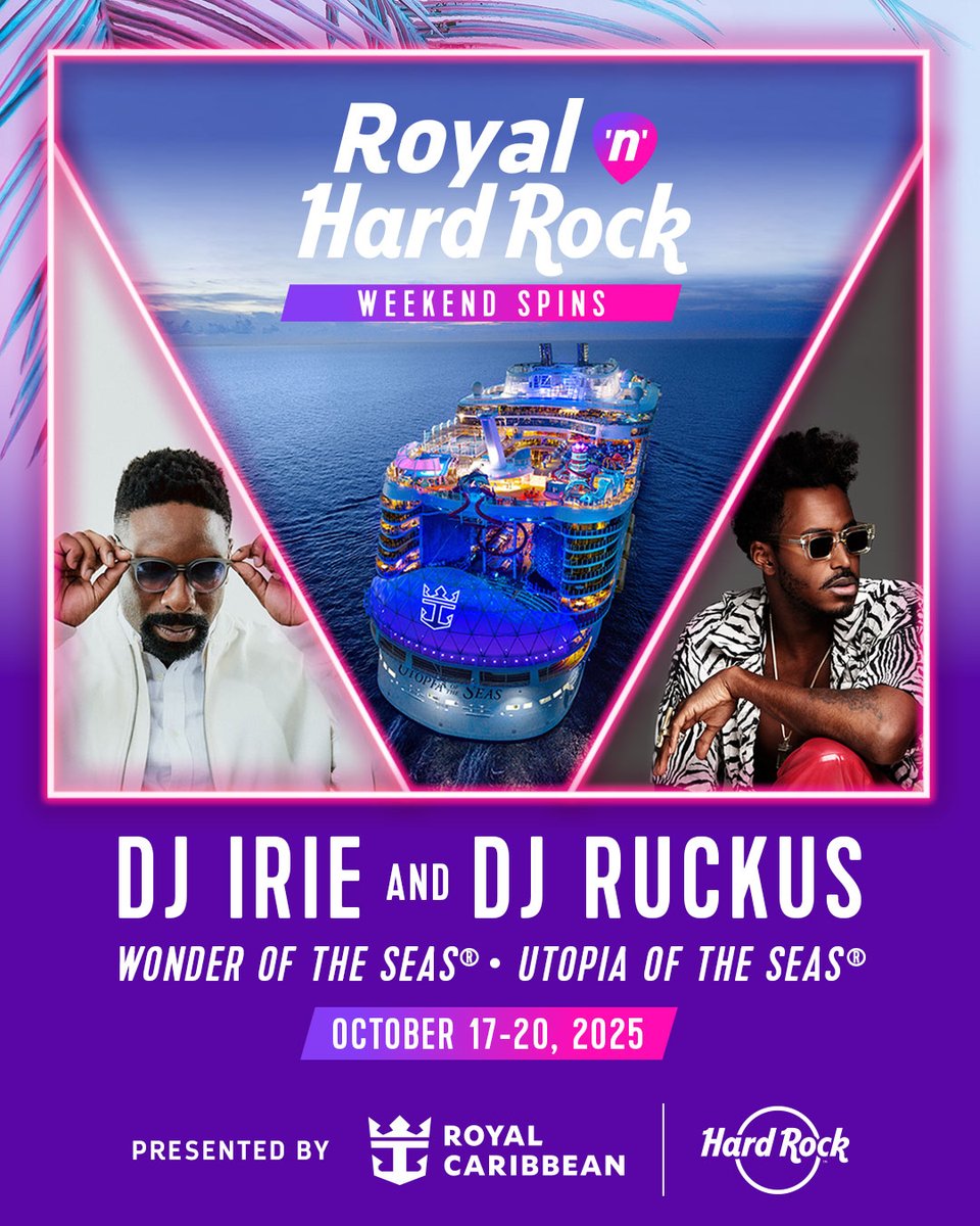 Two gamechanging ships. One epic weekend.

On October 17, 2025, Royal Caribbean and Hard Rock International are leveling up the party with first-ever Royal n’ Hard Rock: Weekend Spins — a three-day, DJ-fueled bash both onboard and at the world’s best private island.

It’s