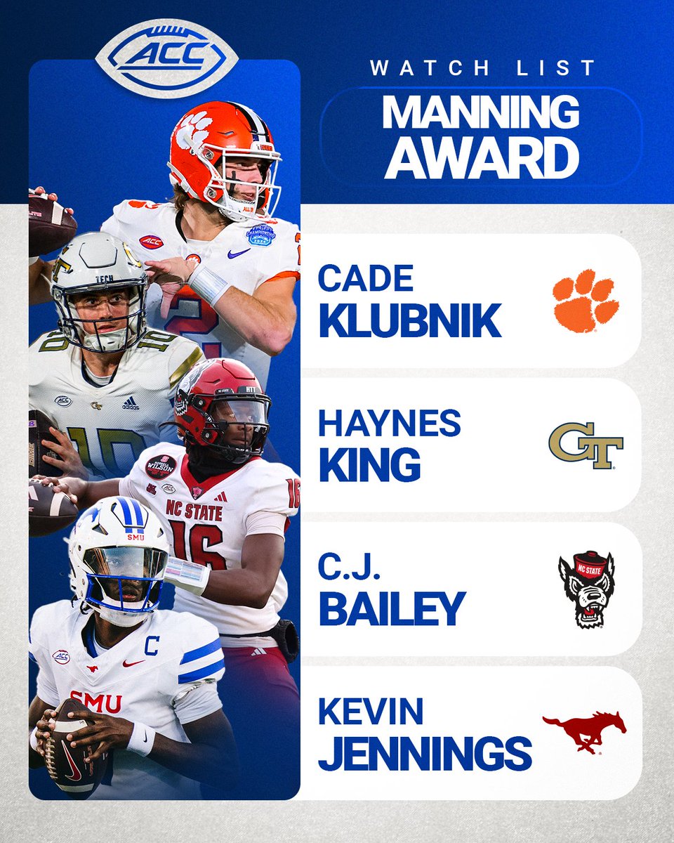 ACCFootball's tweet image. The best hail from the Conference of Quarterbacks 🫡
4 of our guys named to the Manning Award Watch List - recognizing the nation's top Quarterback!