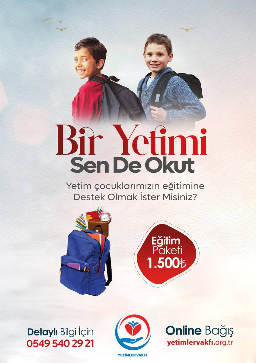 Bir Yetimi Sen de Okut! 😊

Yetim çocuklarımızın eğitimine
Destek Olmak İster Misiniz?

🎒 Eğitim Paketi: 1.500₺
 ☎İletişim: 0549 540 2921
🌐 Destek için: bagis.yetimlervakfi.org.tr