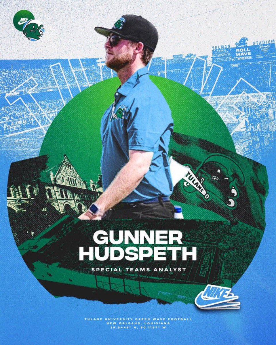 TULNrecruiting's tweet photo. 🌊2025 Tulane Football Staff/Support Preview🌊

Gunner Hudspeth(@Coach__Hudspeth)

📈Special Teams Analyst📈

Bio:
🏠 Grenada, MS
🎓 UL-Lafayette(Quarterback)
🎓 Troy
🎓 Mississippi State
🏈 Assistant at Central Arkansas 
🏈 RB Coach/Special Teams Coordinator at Stetson
📈 Has been at Tulane since 2024

🌊🏈