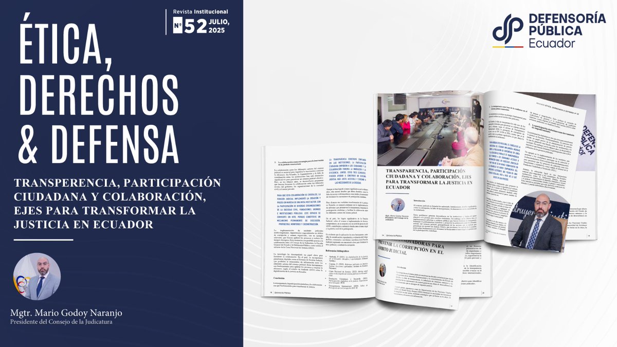 Defensoría Pública del Ecuador (@defpublicaec) on Twitter photo La Defensoría Pública presentó la edición No. 52 de su revista institucional “Ética, Derechos & Defensa” <a href="/MarioGodoyEc/">Mario Godoy</a>
Le invitamos a conocer más en el siguiente enlace:
revista.defensoria.gob.ec La Defensoría Pública presentó la edición No. 52 de su revista institucional “Ética, Derechos & Defensa” <a href="/MarioGodoyEc/">Mario Godoy</a>
Le invitamos a conocer más en el siguiente enlace:
revista.defensoria.gob.ec