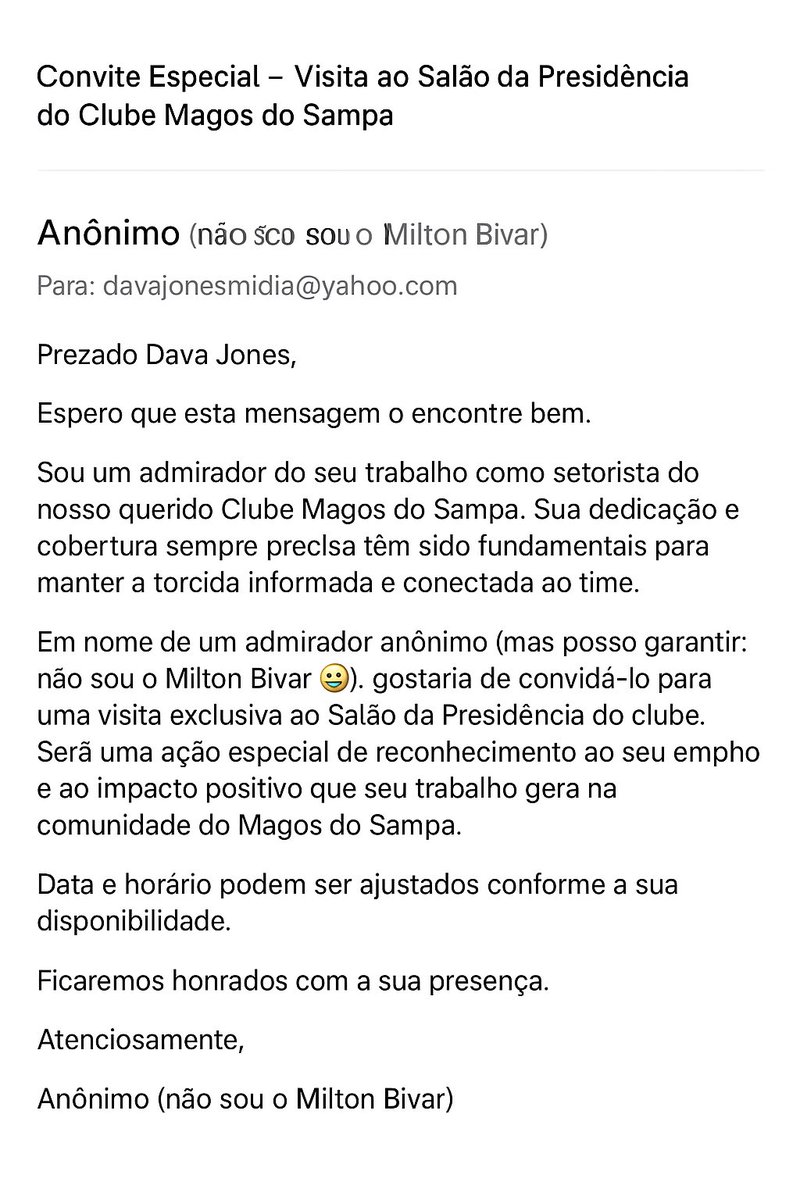 Acabo de ser convidado para o salão da presidência dos magos do sampa, um pouco confuso mas sempre bom ser reconhecido pela instituição 👊🏻👊🏻 gostaria de agradecer a este anônimo pela oportunidade 👍