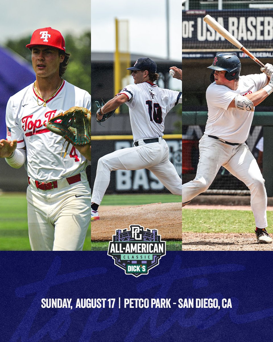 Perfect Game All-American Classic 🏟️

On Sunday, Ethan Bass, Kaden Waechter and TJ McQuillan will take the field at Petco Park for the 23rd annual PG All-American Classic

First pitch is set for 5:08 P.M. PDT at perfectgame.tv