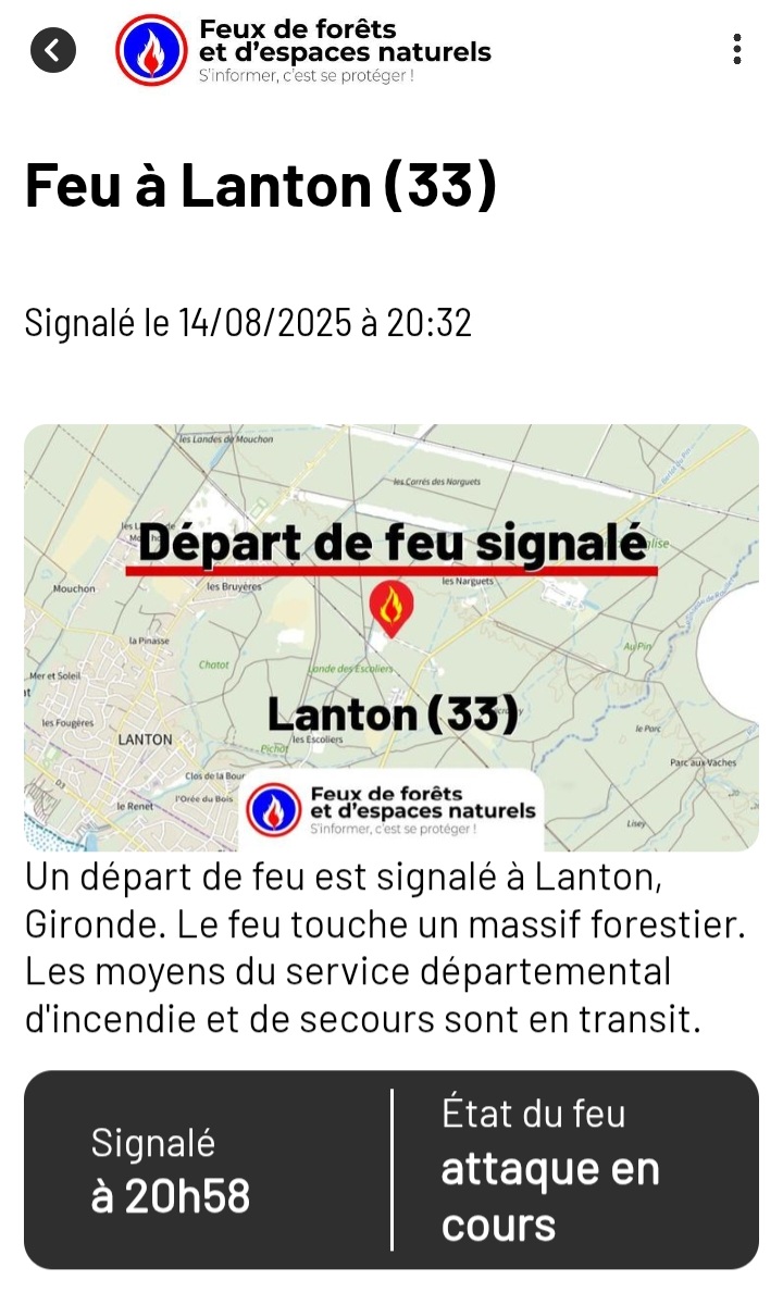 libourneenlive's tweet photo. ENCORE ..
Lanton .. Prudence 🔥 ..
20h32, Incendie en cours ...
#Lanton #SaintJeandIllac #Bordeaux https://t.co/ujlDmzs3RK