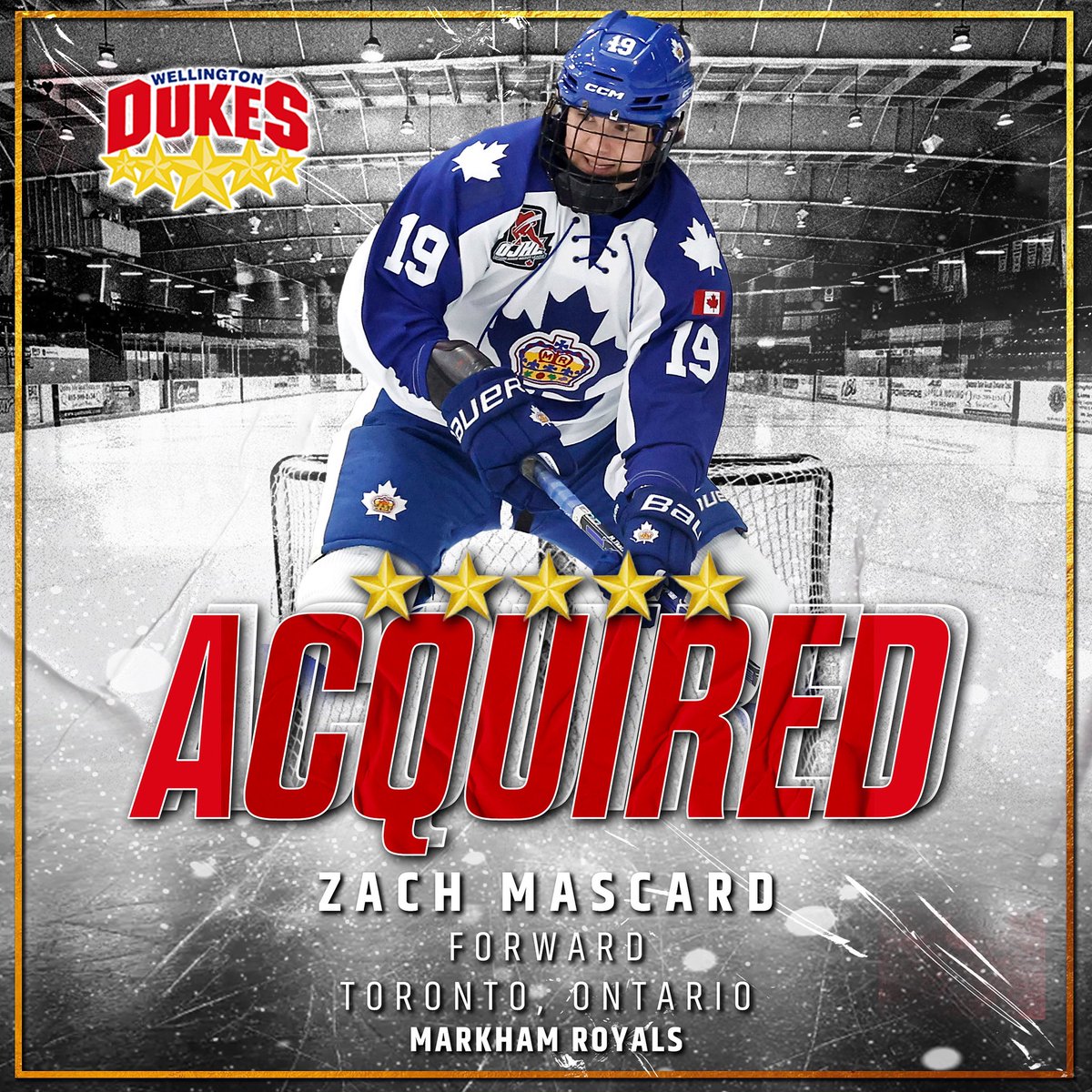 The Wellington Dukes are excited to announce the reacquisition of 2006 born forward Zach Mascard from the Markham Royals in exchange for a PDF. 

The Toronto, Ontario native had 28pts (14G,14A) in 51 games last season!

Welcome back to Welly, Zach!