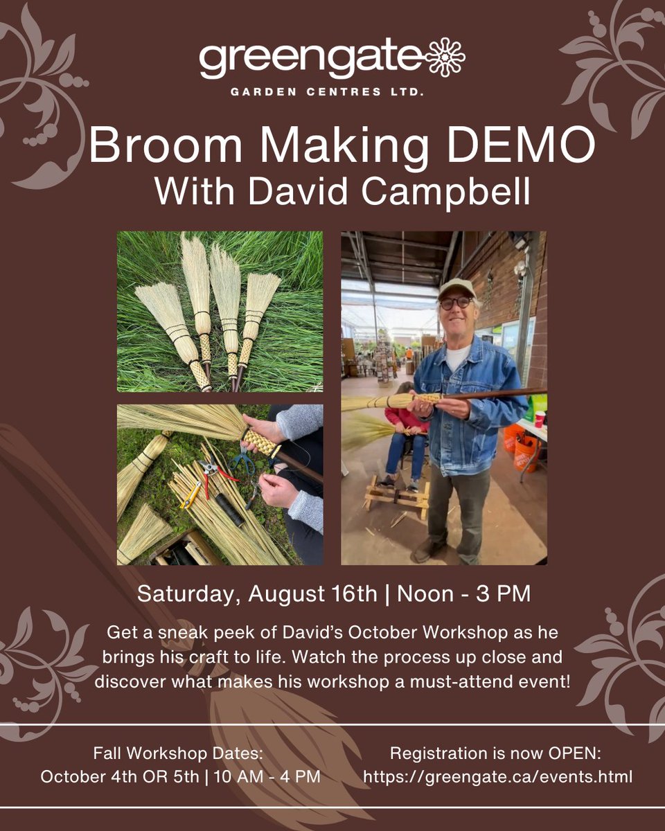 greengategarden's tweet photo. SATURDAY | BROOM MAKING DEMO! Come watch master crafter David Campbell weave brooms by hand! | Sat, Aug 16 | ⏰ 12–3 PM | 📍 greengate, 14111 Macleod Tr. S. | Want to try it yourself? Sign up for fall workshops: 👉️https://t.co/Rdo2CmlfHR #YYCEvents #greengateyyc #BroomMaking https://t.co/YVEYQbyaVY