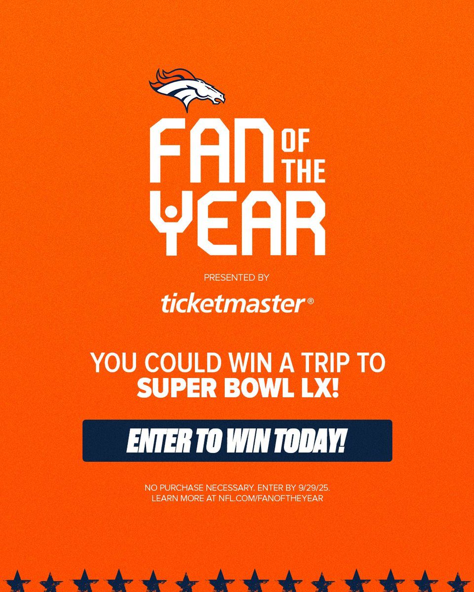 We're looking for the most passionate, dedicated and inspiring fan to be crowned the 2025 Denver <a href="/Broncos/">Denver Broncos</a> Fan of the Year!

Nominate yourself or others for a chance to win a trip to Super Bowl LX » buff.ly/fy9RY3c