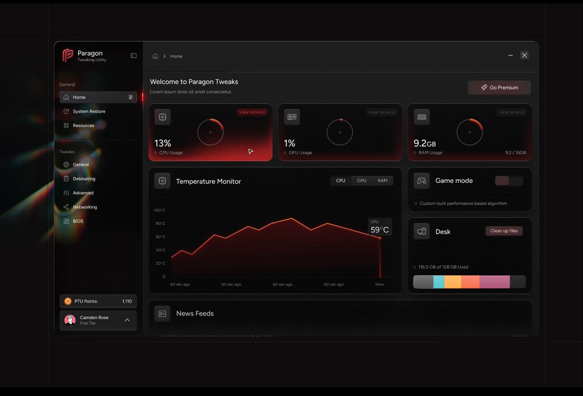 Paragon Tweaks 应用仪表盘的截图，显示系统监控