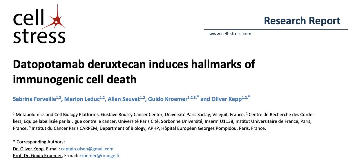 cell_stress's tweet photo. "Datopotamab deruxtecan induces hallmarks of immunogenic cell death" by Forveille et al reveals that  TROP2-targeted ADC kills cancer cells and also triggers ICD indicators, while acting on neighboring non-TROP2 cells. A promising angle for immunotherapy!

10.15698/cst2025.08.311 https://t.co/9Ak3O5RIYC