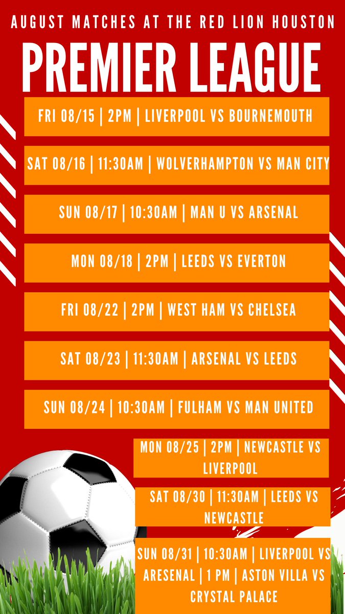 redlionhouston's tweet photo. Fancy watching the footy at your local this weekend? We are kicking off the Premier League with these August matches. Come and enjoy the atmosphere at The Red Lion Houston along with a glass of your favourite and a delicious bite to eat! ⚽🦁 https://t.co/RruqyG7IPz
