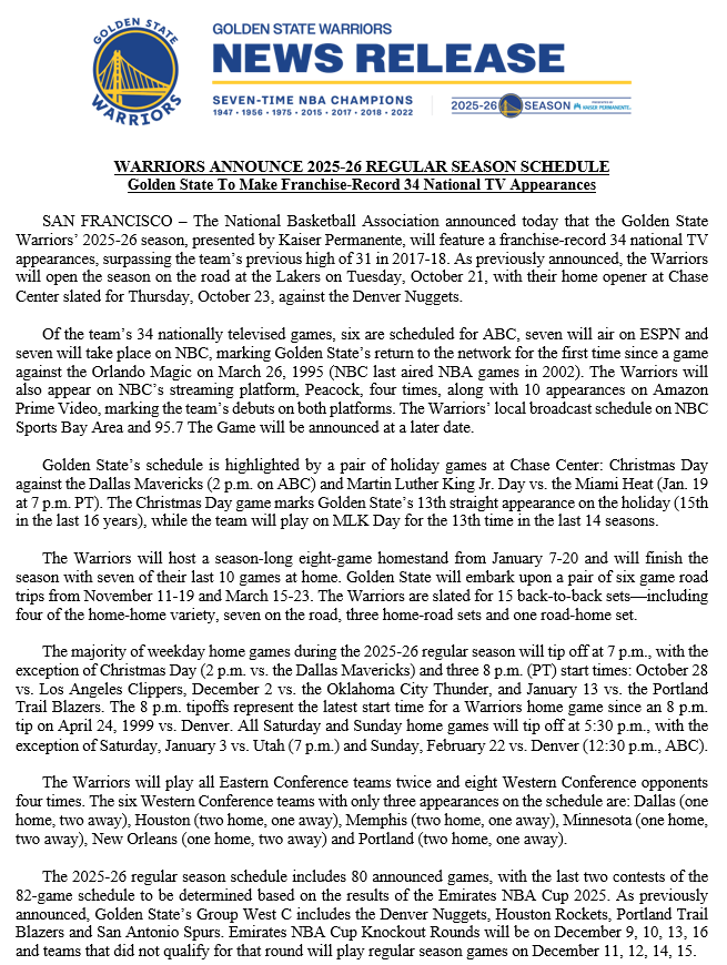 WarriorsPR's tweet photo. Warriors announce 2025-26 schedule, which includes a franchise-record 34 national TV appearances: https://t.co/961RYFkZsw
