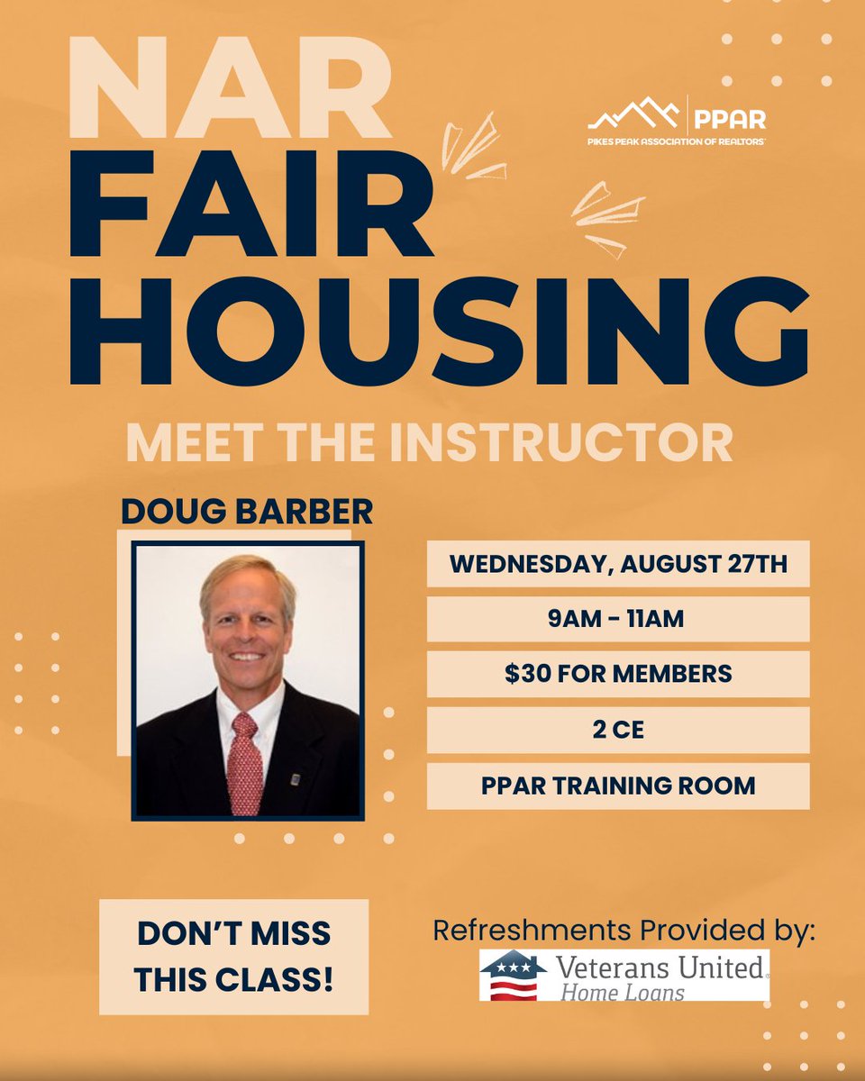 Meet your instructor of NAR Fair Housing, Doug Barber! A REALTOR® since 1975, Broker/Owner, ethics expert, and fair housing educator.
🎓 Learn from the best on August 27 | 9:00AM–11:00AM
📍 PPAR Training Room | 💵 $30 | 🧠 2 CE Credits
🔗 Register now: shorturl.at/FF77Z