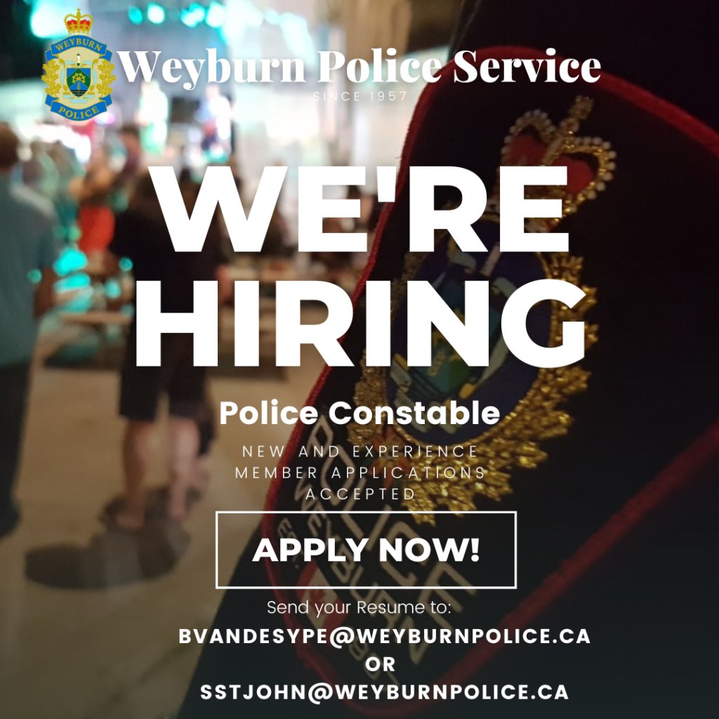 WeyburnPolice's tweet image. The Weyburn Police Service is accepting applications for Police Constables—both new recruits and experienced officers are welcome to apply. Join our team. Protect and grow with us. #CTSSask #SKCheckStop @SGItweets