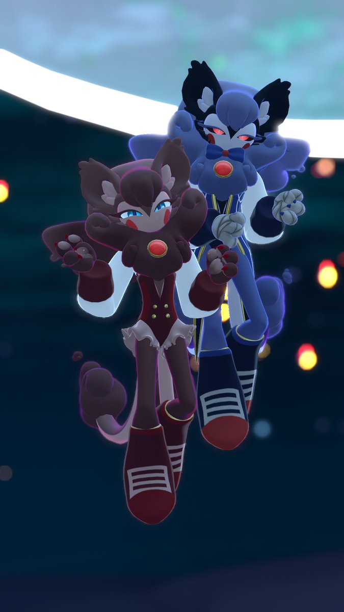 <a href="/blukaria_/">Blukaria</a> twin nightmaren oc! They’re maned lionesses, butler and maid duo. The brown one is the maid named Nyx and the blue butler is Vex. #NiGHTSintoDreams #nightmarenoc #vrchat