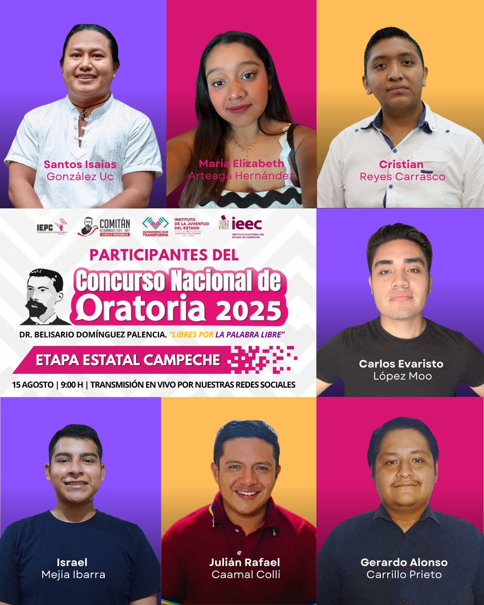 😀🗣 Conoce a la y los jóvenes que participarán en la fase estatal del Concurso Nacional de Oratoria 2025: Dr. Belisario Domínguez. "Libres por la palabra libre”. 

👍No te pierdas la transmisión en vivo y ¡demuéstrales tu apoyo!
facebook.com/events/2224376…
youtube.com/watch?v=lPP64U…