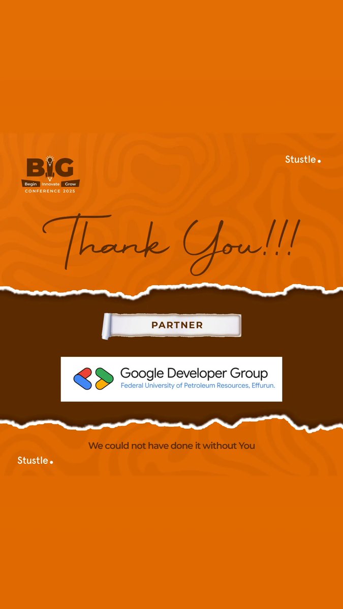 stustle's tweet photo. The B.I.G Conference was a movement to Begin, Innovate, and Grow. And this wouldn’t have been possible without amazing partners like Google Developer Group, @gdg_fupre https://t.co/7rqJxDFYgX