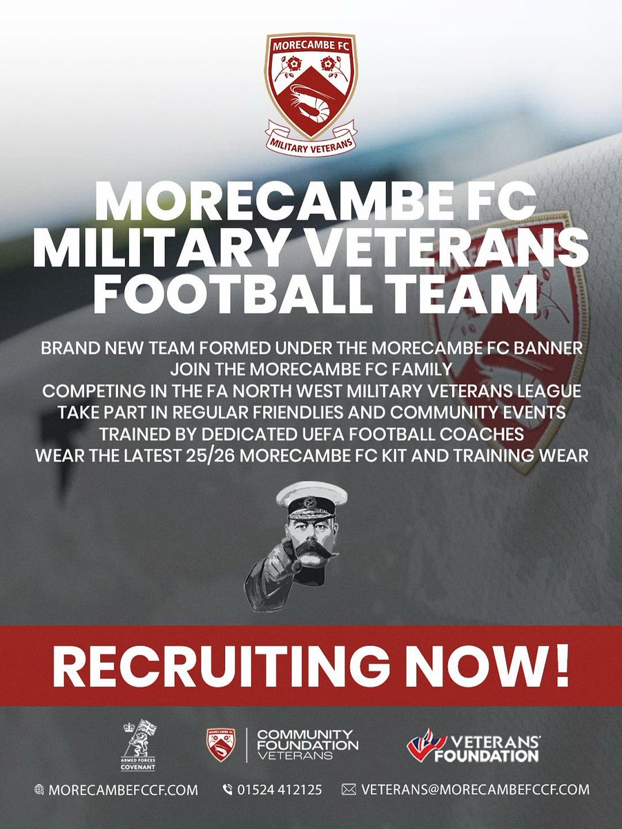 Morecambe FC Community Foundation (@morecambefccf) on Twitter photo 🇬🇧 Calling All Military Veterans! 🇬🇧
Morecambe FC is launching a Military Veterans Football Team, and we want YOU!
See the flyer below for full details and register now - veterans@morecambefccf.com
#UTS 🦐 | <a href="/VeteransFdn/">Veterans’ Foundation</a> | <a href="/LancsCovenant/">Lancashire Armed Forces Covenant Hub</a> | <a href="/LancashireFA/">Lancashire FA</a> | <a href="/TerraceTeamwear/">Terrace Teamwear</a> 🇬🇧 Calling All Military Veterans! 🇬🇧
Morecambe FC is launching a Military Veterans Football Team, and we want YOU!
See the flyer below for full details and register now - veterans@morecambefccf.com
#UTS 🦐 | <a href="/VeteransFdn/">Veterans’ Foundation</a> | <a href="/LancsCovenant/">Lancashire Armed Forces Covenant Hub</a> | <a href="/LancashireFA/">Lancashire FA</a> | <a href="/TerraceTeamwear/">Terrace Teamwear</a>