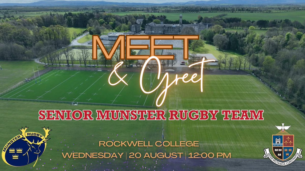 Rockwell College is delighted to host the <a href="/Munsterrugby/">Munster Rugby</a> Senior Team for an Open Training &amp; Meet and Greet 🏉

📅 Wed 20th
🕛 12 noon
📍 Rockwell College
Come watch the team train &amp; meet the players – all welcome, no booking needed.