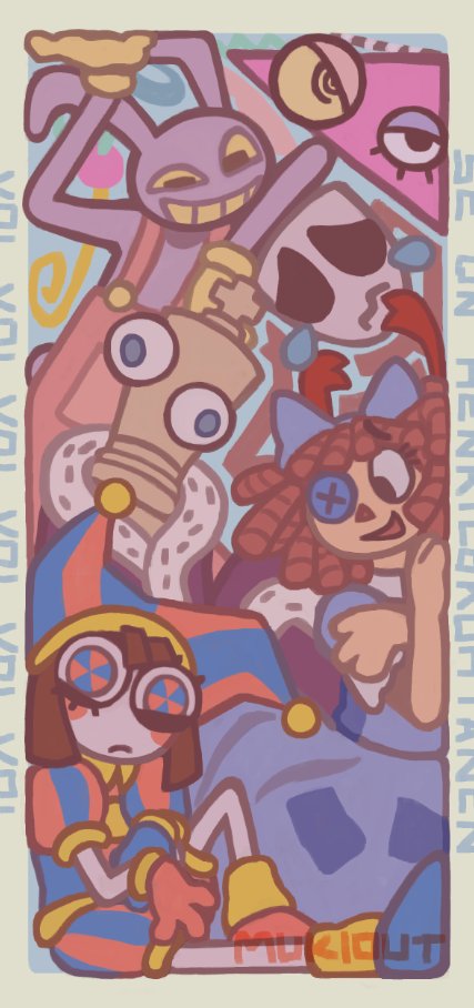 Mukiout's tweet photo. well, since the new episode is coming out, here's a phone background i made for myself a bit ago. ignore the text, it's for visual noise.
#TADC #TheAmazingDigitalCircus https://t.co/sDmBd4Oixb
