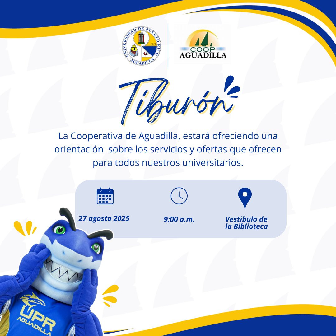[Decanato de Estudiantes Informa] l La Cooperativa de Aguadilla, está ofreciendo una orientación una orientación sobre los servicios y ofertas que ofrecen para todos nuestros universitarios. 💙💪

#uprag #zonatiburoón #zonadeexito