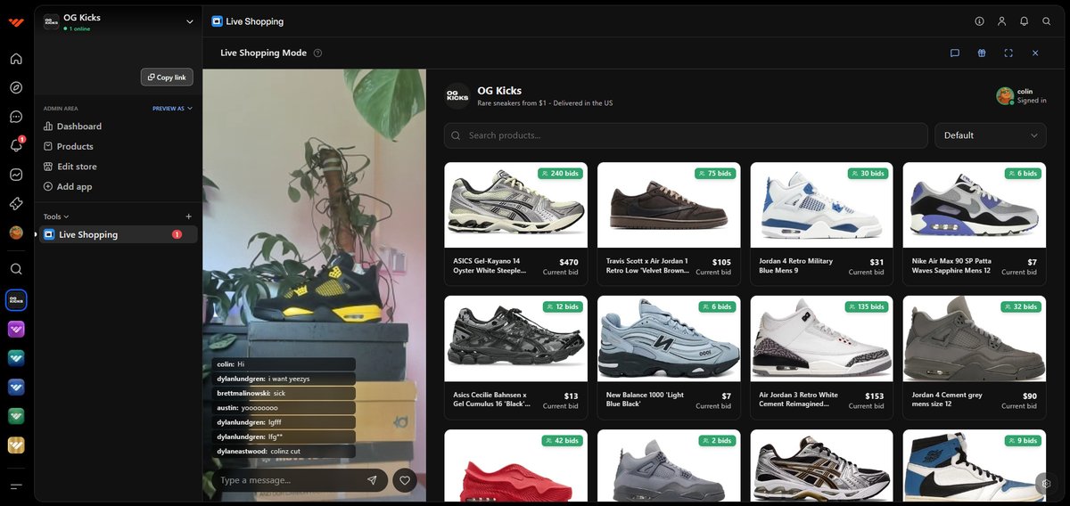 ColinMcDermott's tweet photo. Been cooking up a Live Shopping @whop app for the last few weeks. Ofc it has a mobile version, but the desktop version I think could be kinda nutty. Go live and everyone in your community gets notified. Payments via Whop.

If you want early access DM me, otherwise aiming to launch on Monday. 💫