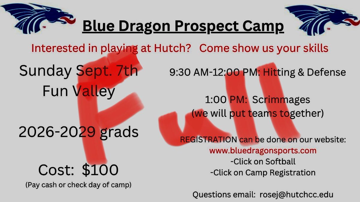 At this time our September 7th prospect camp is full.  

If you are interested in coming please email Coach Rose to get on a waitlist. 

rosej@hutchcc.edu