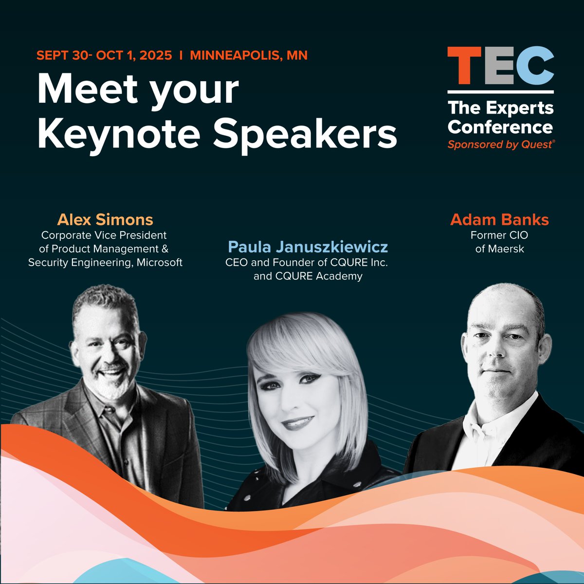 We are stoked about this keynote lineup at #TEC2025!

🔶 Alex Simons, Corporate VP at Microsoft
🔶 Paula Januszkiewicz🦝, CEO of CQURE
🔶 Adam Banks, former CIO of Maersk 

Don't miss these experts' insights! Join us in Minneapolis, Sept. 30–Oct. 1. 👉 okt.to/0PKngz
