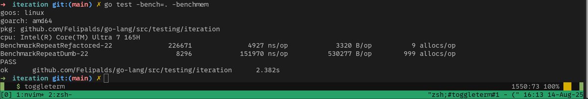 felipalds's tweet image. Go deveria ser uma das principais langs para aprender computação, pois une facilidade com conceitos mais low level. Veja, a função de benchmarking é incrível (e nativo)! Olha como eu consigo saber que um método é mais eficiente que outro.
Rodando uma simples funçãozinha de…
