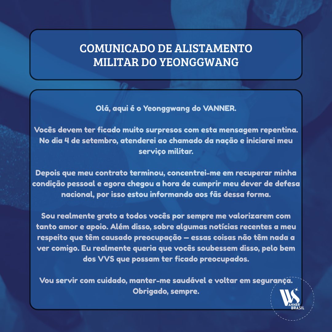 vvsvannerbrasil's tweet photo. Comunicado do Alistamento Militar do Yeonggwang maknae membro do @VannerOfficial ! 

Fique bem e volte logo! 
#VANNER 
#Yeonggwang https://t.co/cVaDHlXd8S