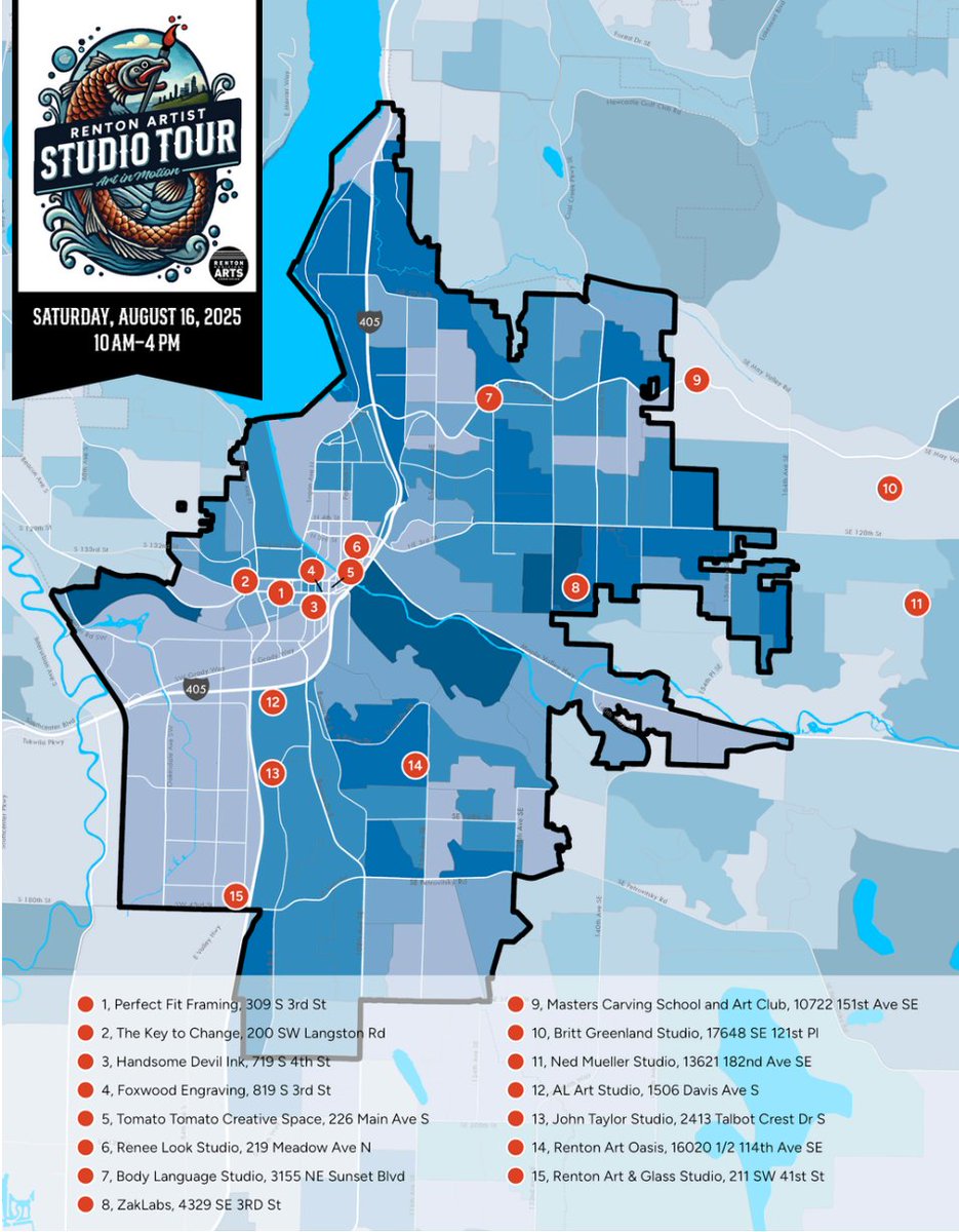 🎨 This Saturday's Renton Artist Studio Tour features a self-guided tour through various artist studios and creative spaces across Renton. 
 
📅 Saturday, August 16, 10 a.m. to 4 p.m. 
📍 All around Renton! 
 
Learn more at rentonwa.gov/artinmotion.