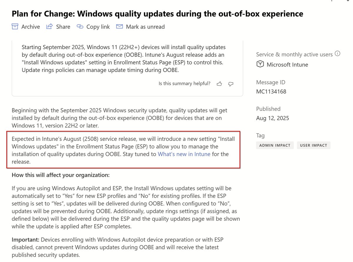 scdudes's tweet image. FYI - From September 2025, Windows 11 (22H2+) will install updates during OOBE. Intune’s August release (2508) adds ESP setting to manage this. Set to “Yes” for updates or “No” to skip.

admin.microsoft.com/Adminportal/Ho…

#MSIntune #Windows #Security #Patching