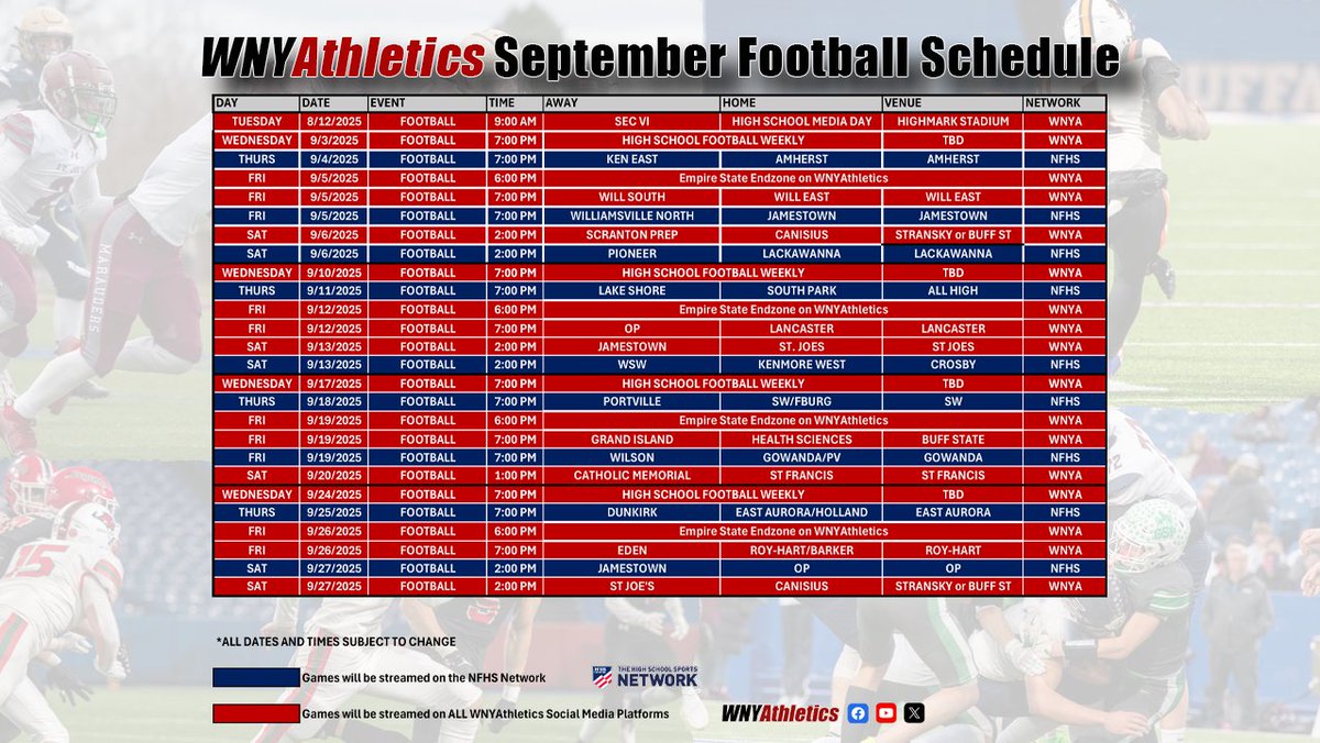 WNY Athletics (@wnyathletics) on Twitter photo First look at our September Football Schedule...
Starting with Thurs 9/4/25
<a href="/KenEastFtbl/">Kenmore East Football</a> vs <a href="/AmherstTigers1/">Amherst Athletics</a>
Friday 9/5/25
<a href="/BilliesGridiron/">Williamsville South Football</a> vs <a href="/WillEastFlames/">Will East Athletics</a>
<a href="/WillNorthFB/">Will North Football</a> vs <a href="/JHSRedGreen/">Jamestown Red & Green</a>
Sat 9/6/25
<a href="/ScrPrepSports/">Scranton Prep Sports</a> vs <a href="/CanisiusHSFB/">Canisius HS Football</a>
<a href="/PioneerCSD/">Pioneer CSD</a> vs <a href="/LackawannaAthl2/">Lackawanna Athletics</a> First look at our September Football Schedule...
Starting with Thurs 9/4/25
<a href="/KenEastFtbl/">Kenmore East Football</a> vs <a href="/AmherstTigers1/">Amherst Athletics</a>
Friday 9/5/25
<a href="/BilliesGridiron/">Williamsville South Football</a> vs <a href="/WillEastFlames/">Will East Athletics</a>
<a href="/WillNorthFB/">Will North Football</a> vs <a href="/JHSRedGreen/">Jamestown Red & Green</a>
Sat 9/6/25
<a href="/ScrPrepSports/">Scranton Prep Sports</a> vs <a href="/CanisiusHSFB/">Canisius HS Football</a>
<a href="/PioneerCSD/">Pioneer CSD</a> vs <a href="/LackawannaAthl2/">Lackawanna Athletics</a>
