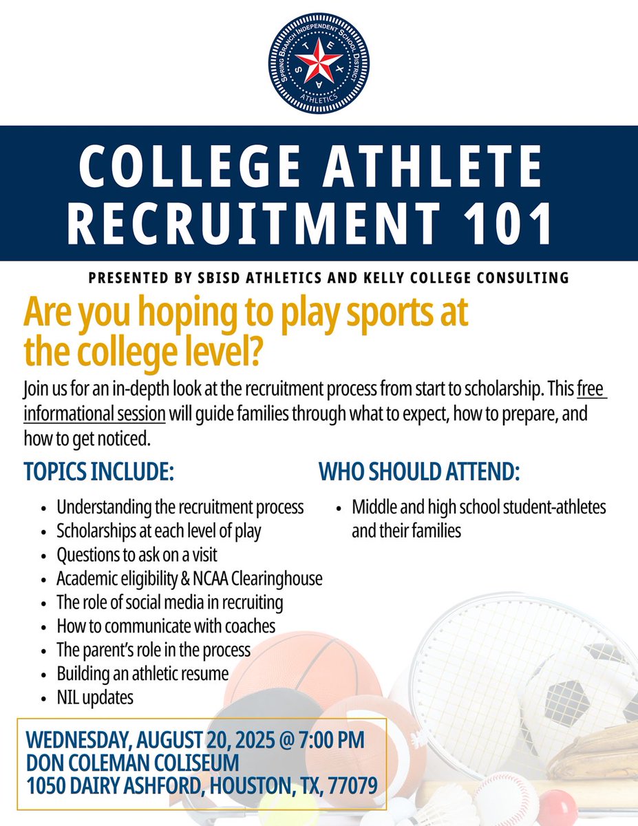 Middle school &amp; high school student-athletes, parents/guardians &amp; coaches, please plan to attend our College Athlete Recruitment Informational session on Wednesday, August 20, at 7pm at Don Coleman Community Coliseum at 1050 Dairy Ashford to learn more!
