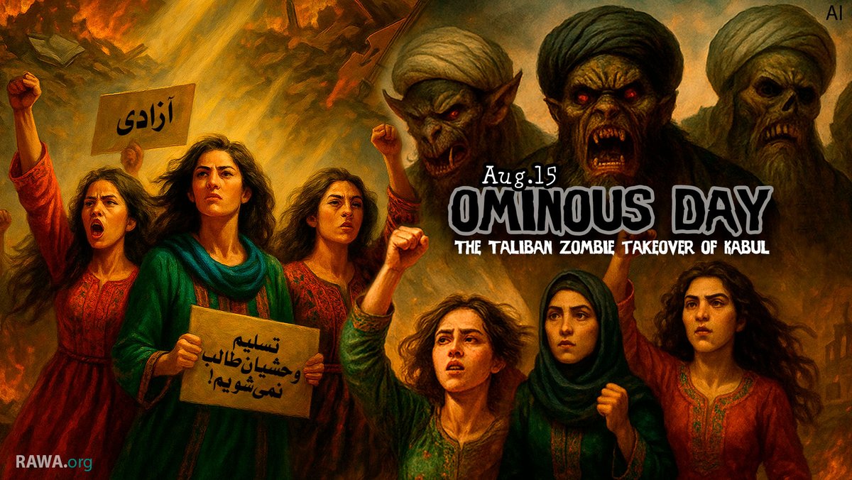 Let us sharpen the dagger of #struggle against the #Taliban-#Jihadi plague and their #American masters!

#RAWA statement on the fourth cursed anniversary of the installation of the Taliban medieval emirate over #Kabul

Read the full text here: rawa.org/rawa/2025/08/1…