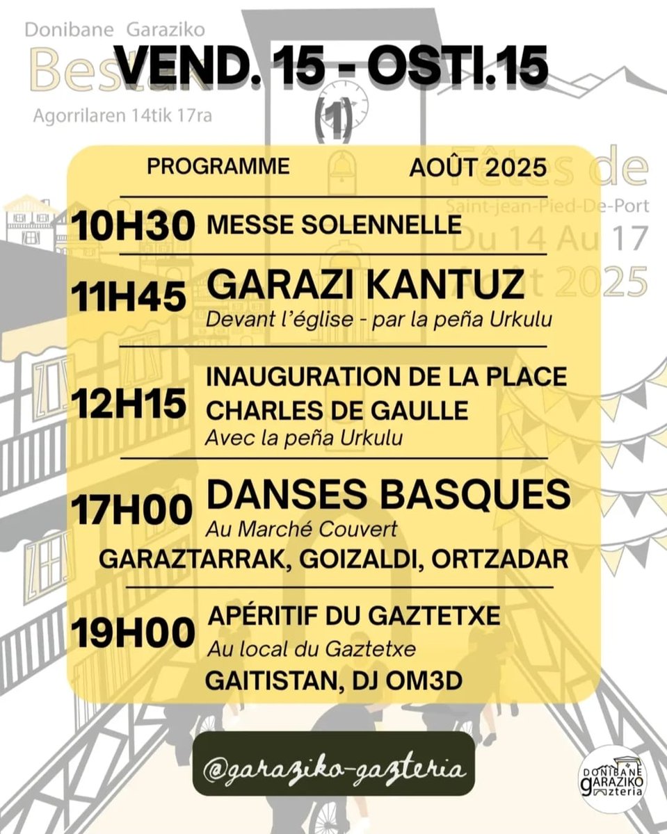 Ortzadar EFE (@ortzadarefe) on Twitter photo DANTZA MUSIKA
Garaztarrak taldearen 50.urteurrena
50 aniversario del grupo Garaztarrak dantza taldea
Zorionak!!!
🗓️ Abuztuak 15 | 15 de agosto
🕔 17:00
📍Donibane garazi
Garaztarrak, <a href="/GoizaldiDT/">Goizaldi Dantzari Taldea</a> , Ortzadar DANTZA MUSIKA
Garaztarrak taldearen 50.urteurrena
50 aniversario del grupo Garaztarrak dantza taldea
Zorionak!!!
🗓️ Abuztuak 15 | 15 de agosto
🕔 17:00
📍Donibane garazi
Garaztarrak, <a href="/GoizaldiDT/">Goizaldi Dantzari Taldea</a> , Ortzadar