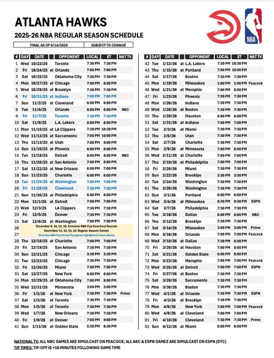 BREAKING: The Hawks have announced their full 2025-26 regular season schedule.