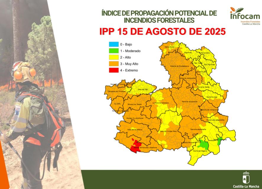 El #IPP de #IIFF 🔥🔥 para 15 de agosto en #CLM:
🟥EXTREMO en puntos localizados de #CiudadReal
🟧MUY ALTO en gran parte de la región de #CLM
🟨ALTO en buena parte de #CiudadReal, #Toledo, #Cuenca, #Guadalajara y #Albacete
🟩MODERADO en áreas de #Albacete 
ℹ️