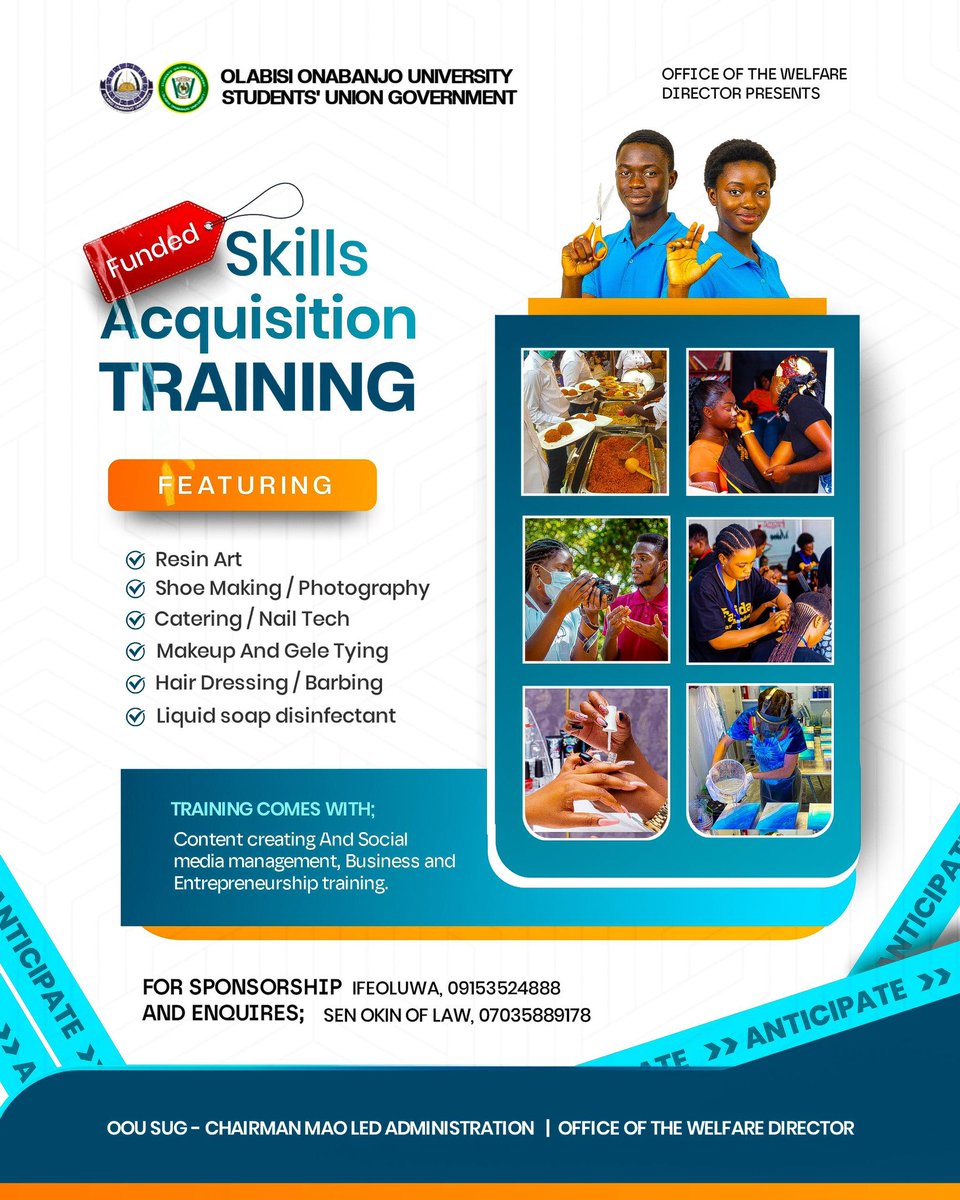 StudentUnionOOU's tweet photo. OOU’SUG FREE SKILLS ACQUISITION TRAINING
From Four Campuses, United as One — empowering students with skills, business knowledge, and entrepreneurial guidance for self-reliance
#CHAIRMANMAOLEDADMINISTRATION
#OOUSU||#OOUTwitter
#SteelTransformation https://t.co/hU9ywjFKjV