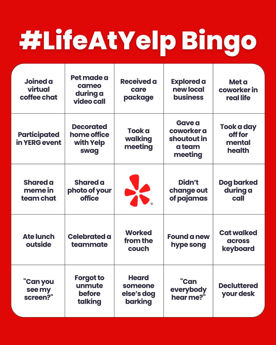 Every day at Yelp brings something new — whether it’s celebrating a Yelpiversary, celebrating a win, or connecting with amazing teammates who are spread miles apart! Which #LifeAtYelp bingo squares have you checked off?

#FiveStarCareer