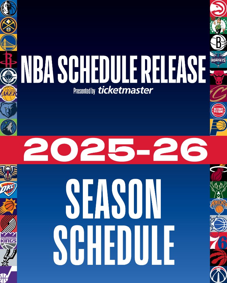 The NBA today released its complete game schedule for the 2025-26 regular season.

▪️ Press release: bit.ly/4178Lhj

▪️ Schedule by team: on.nba.com/45yy64P

▪️ Schedule by date: bit.ly/414Bl2J

NBA Schedule Release presented by <a href="/Ticketmaster/">Ticketmaster</a>