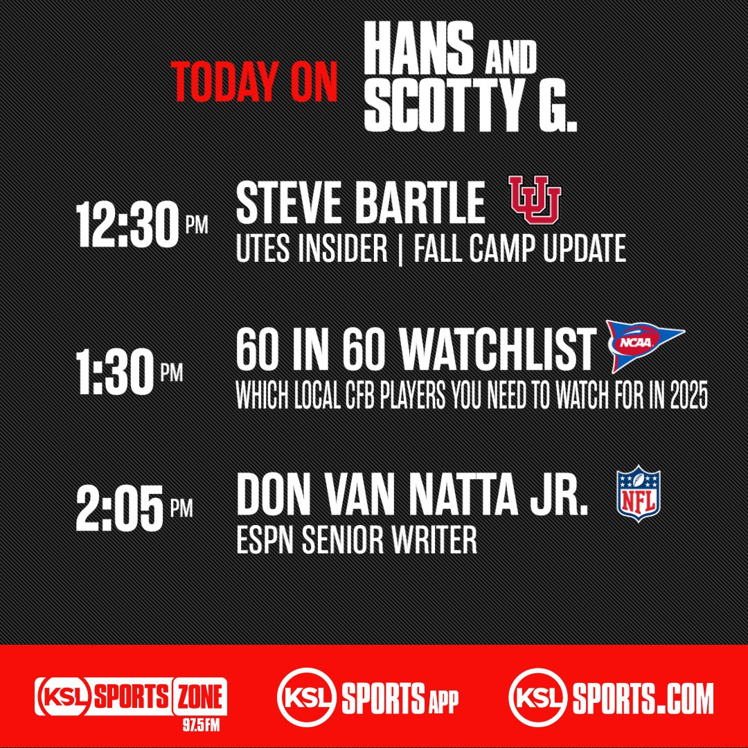 Lloyd Cole (@lloydcolezone) on Twitter photo Busy Thursday on Hans & Scotty:
- fall camps #Utes #BYU #USU
- Utah Jazz schedule release
- #60in60
- <a href="/BartleKSLsports/">Steve Bartle</a> @ 1230
- - <a href="/BensHoops/">Ben Anderson</a> @ 135
- <a href="/DVNJr/">Don Van Natta Jr.</a> @ 205
+ MORE
🗣️ <a href="/975Hans/">Hans Olsen</a>
📱 <a href="/kslsports/">KSL Sports</a> app
🎧 KSLsports.com/stream
🖥️ YouTube.com/@ksl5sports Busy Thursday on Hans & Scotty:
- fall camps #Utes #BYU #USU
- Utah Jazz schedule release
- #60in60
- <a href="/BartleKSLsports/">Steve Bartle</a> @ 1230
- - <a href="/BensHoops/">Ben Anderson</a> @ 135
- <a href="/DVNJr/">Don Van Natta Jr.</a> @ 205
+ MORE
🗣️ <a href="/975Hans/">Hans Olsen</a>
📱 <a href="/kslsports/">KSL Sports</a> app
🎧 KSLsports.com/stream
🖥️ YouTube.com/@ksl5sports